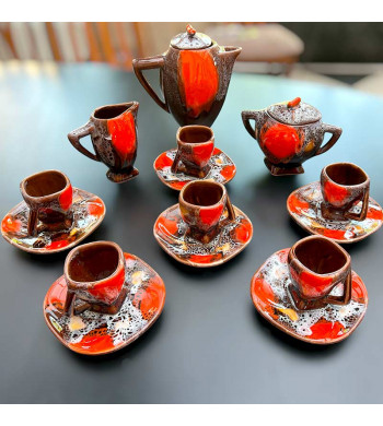 Service à café Vallauris complet à structure géométrique années 60'/70' orange et brun