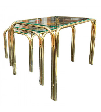 Trilogie tables d'appoint gigognes / Bout de canapé / Structure  laiton et verre début des années 80'