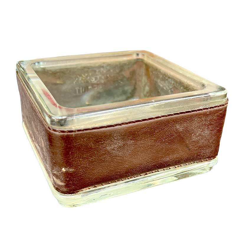 Cendrier brun et transparent carré vintage années 60' avec son cerclage de cuir original