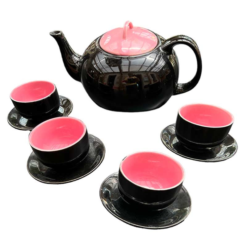 Service à thé. 4 tasses et sa théière noire et rose vintage années 60/70'