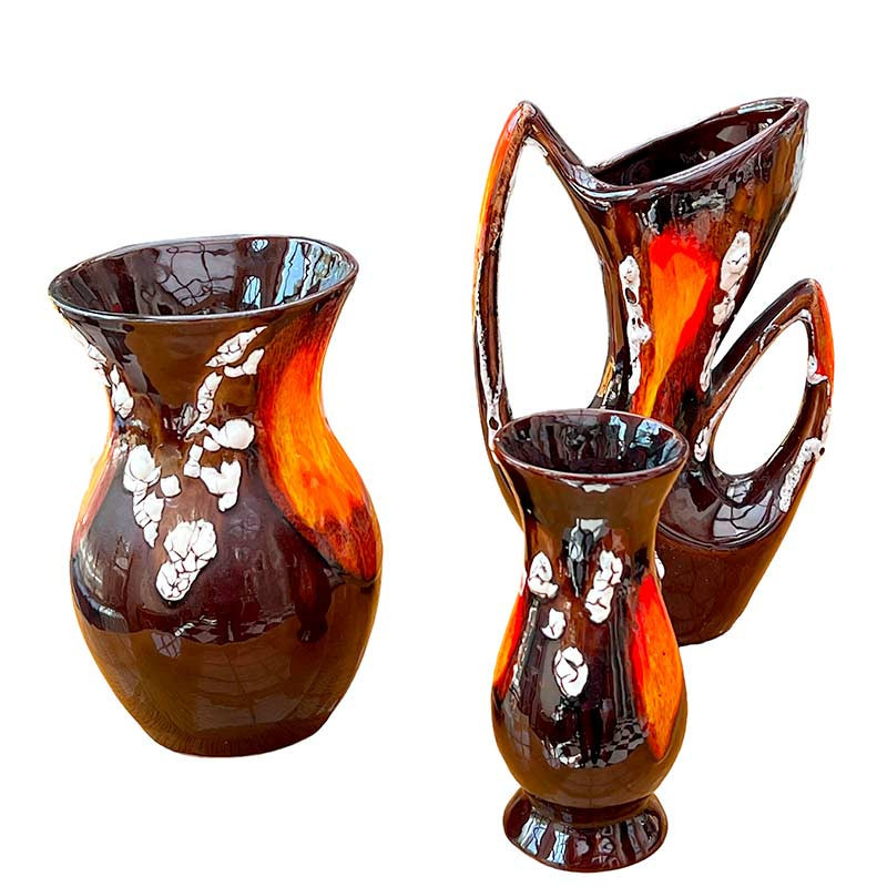 Trilogie de Vases Vallauris style vintage céramique flamboyant avec quelques marques fat lava origine France fin des années 60'.