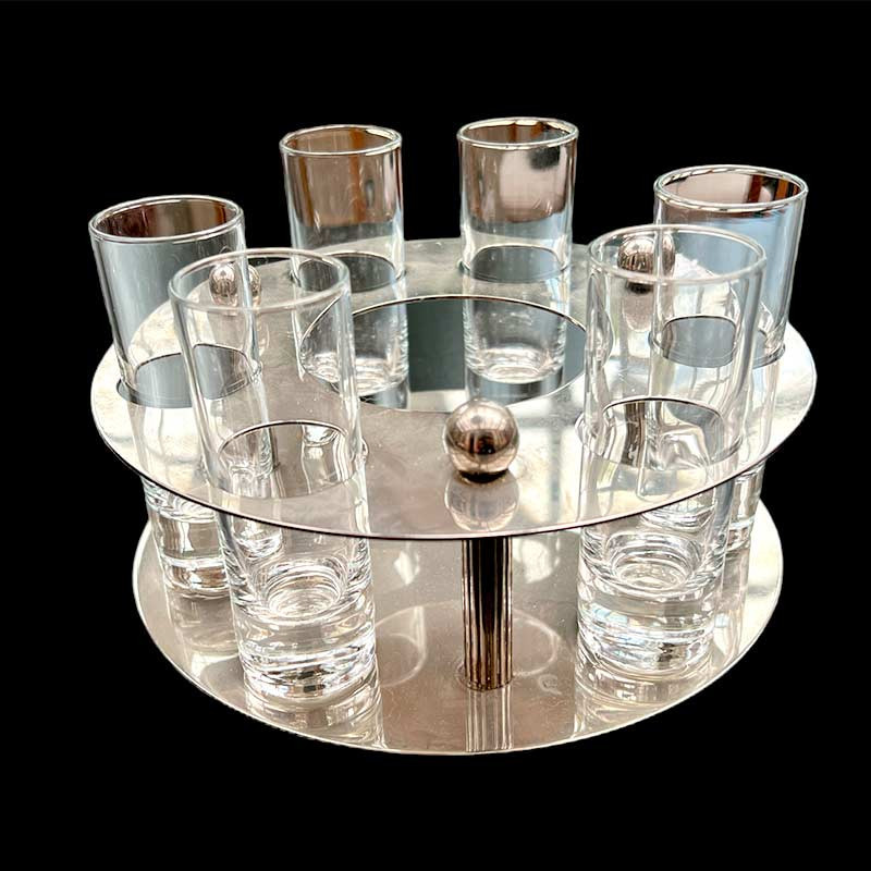 Rare et beau service à shot de  liqueur sur sa base métal et 6 verres soufflés vintage années 70'