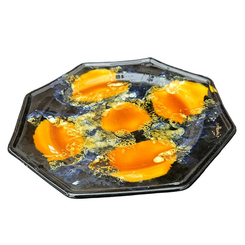 Beau plat / grande assiette octogonale noire et orange Vallauris vintage années 70'