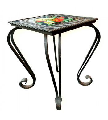 Table à décor floral en faïence de Vallauris sur cadre fer forgé  années 60'