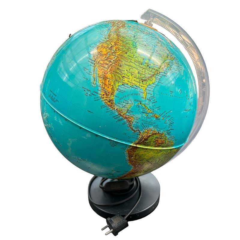 Globe terrestre vintage lumineux Plexiglas transparent, socle noir plastique, antérieur à la chute de l'URSS (1991)