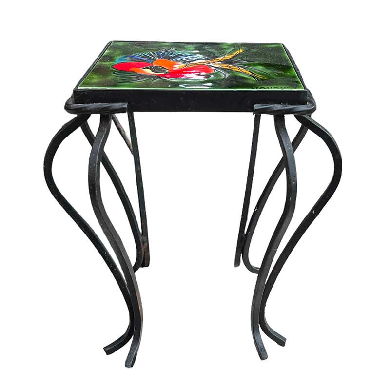 Sellette intérieur/extérieur en fer forgé avec faïence originale Vallauris motif coquelicot fin des années 60