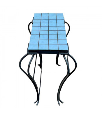 Création table en céramique 5 X 5 bleu sur cadre fer forgé fin des années 60'