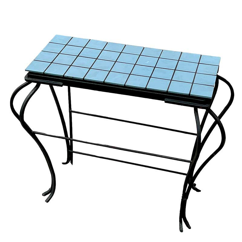 Création table en céramique 5 X 5 bleu sur cadre fer forgé fin des années 60' Création table en céramique 5 X 5 bleu sur cadre fer forgé fin des années 60'