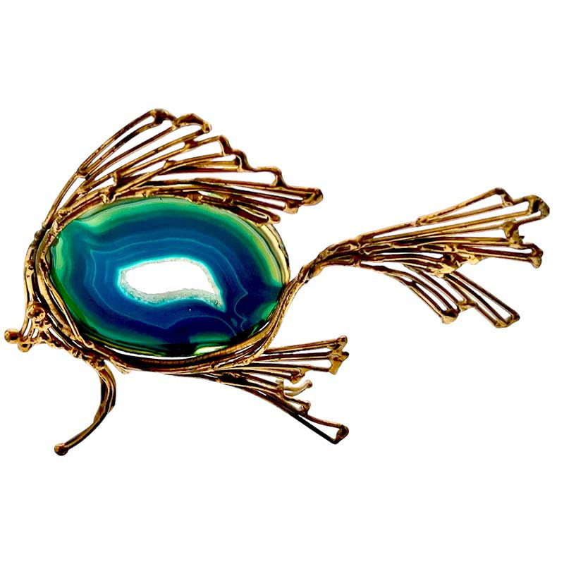 Petite sculpture très décorative en pierre d'agate bleue cerclée de laiton années 70'