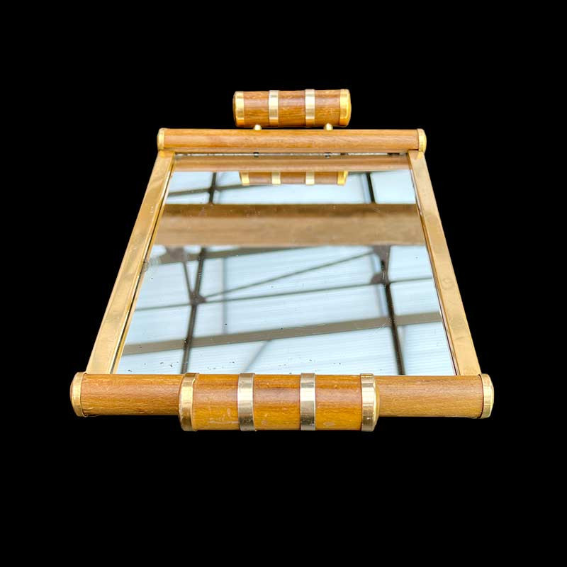 Beau plateau apéritif glace miroir cerclé de bois années 30'/40'