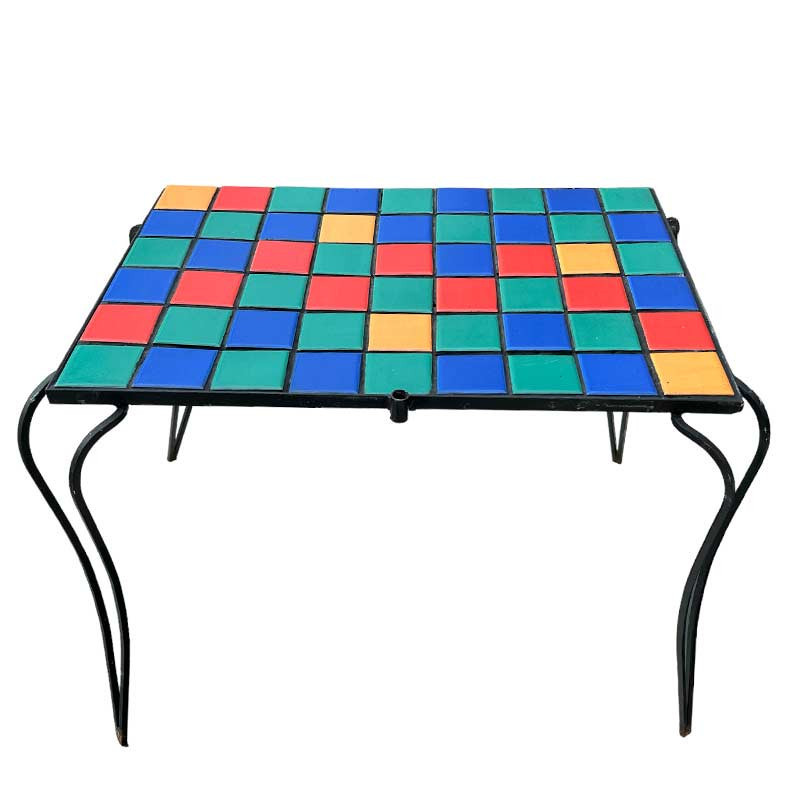 Table basse d'appoint avec plateau en céramique coloré sur fer forgé années 1960'
