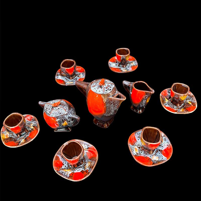 Service à café Vallauris complet à structure géométrique années 60'/70' orange et brun